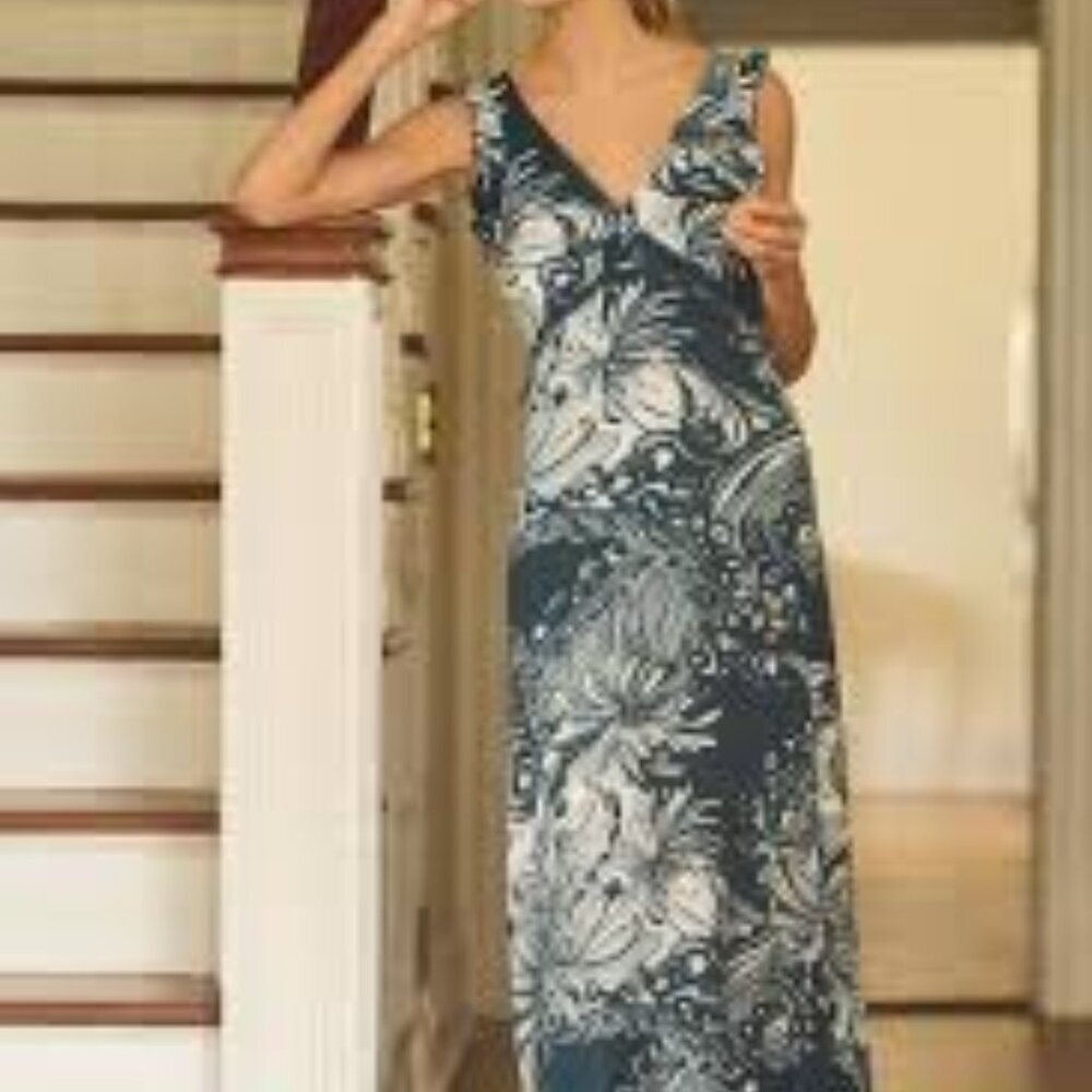 ✅ By Anthropologie Plunge V-Neck‎ Ruffle A-Line Dress IN BLUE MOTIF SIZE LARGE
